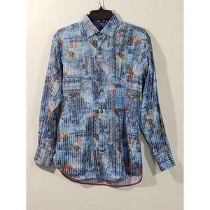 Luciano Visconti Black Size Small Blue Abstract Artsy Cotton Blend Men's Shirt